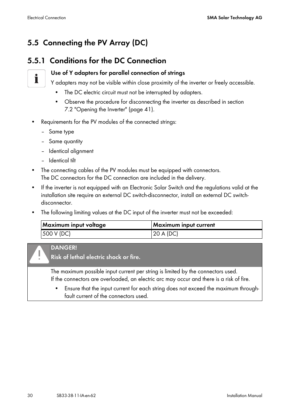 5 connecting the pv array (dc), 1 conditions for the dc connection, Connecting the pv array (dc) | Conditions for the dc connection | SMA SB 3300-11 Installation User Manual | Page 30 / 76