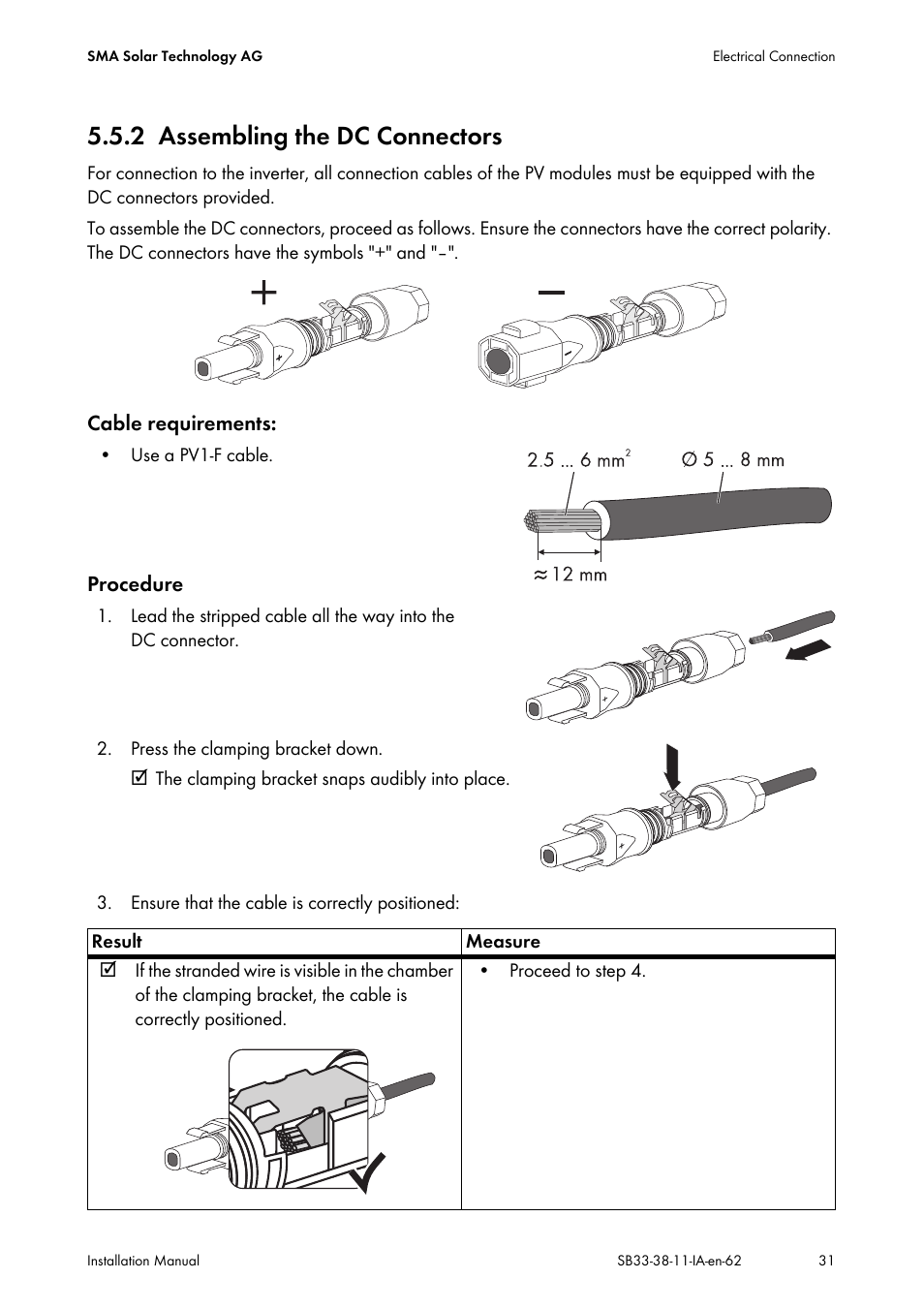 2 assembling the dc connectors, Assembling the dc connectors | SMA SB 3300-11 Installation User Manual | Page 31 / 76