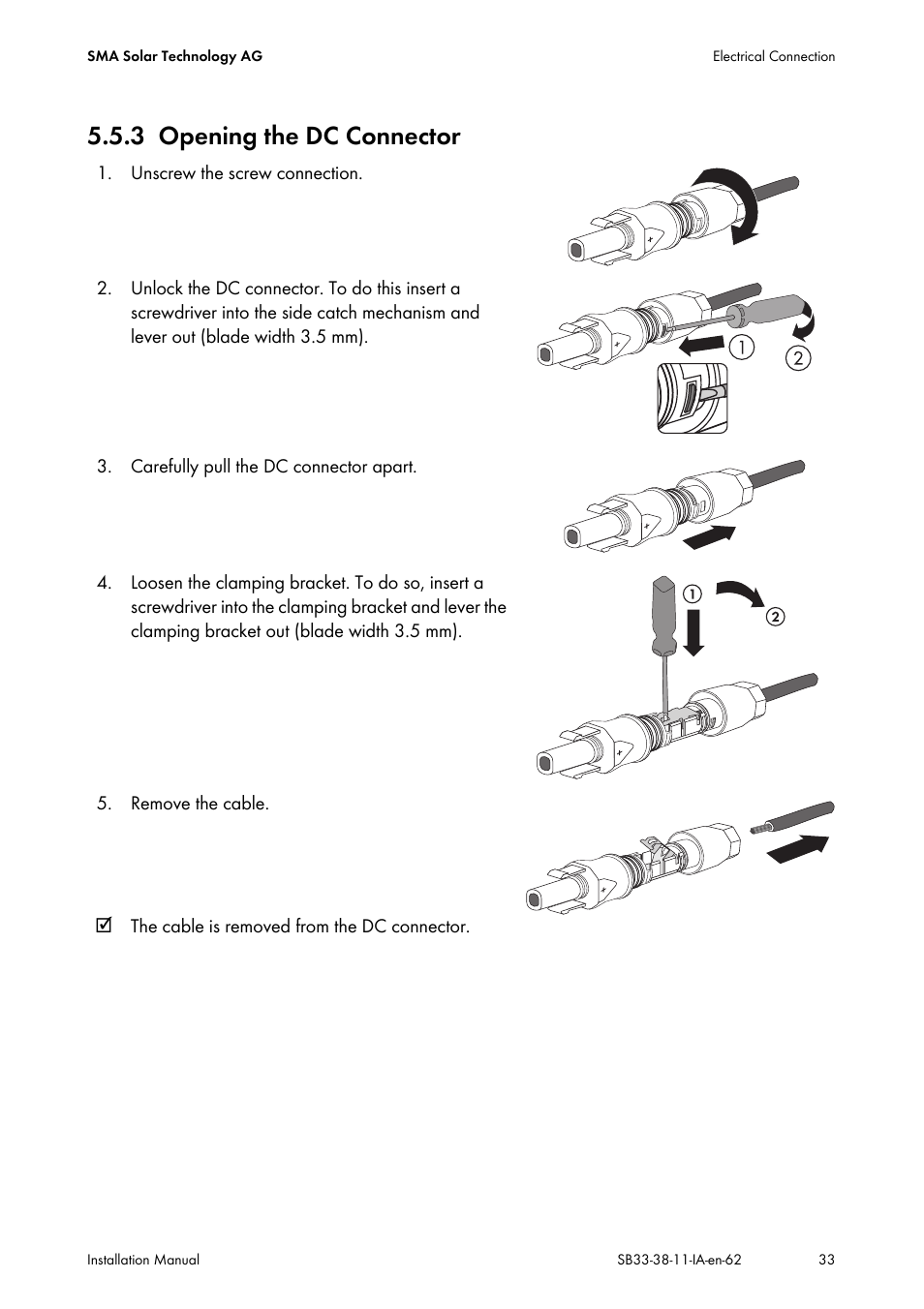 3 opening the dc connector, Opening the dc connector | SMA SB 3300-11 Installation User Manual | Page 33 / 76