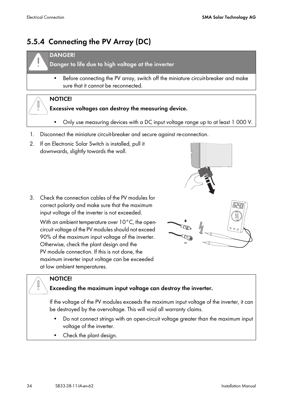 4 connecting the pv array (dc), Connecting the pv array (dc) | SMA SB 3300-11 Installation User Manual | Page 34 / 76