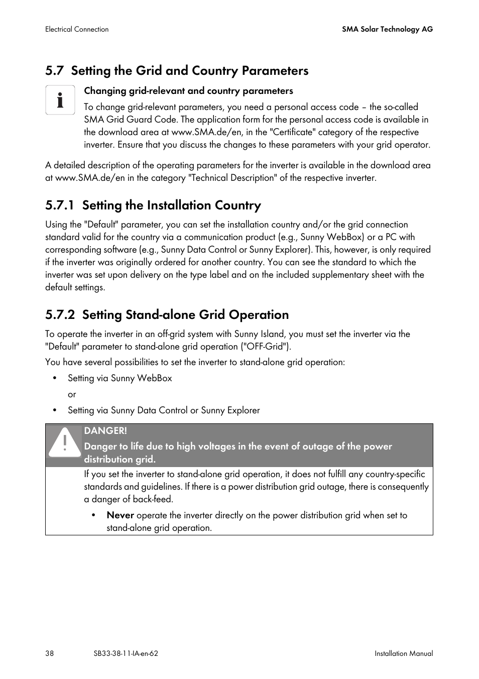 7 setting the grid and country parameters, 1 setting the installation country, 2 setting stand-alone grid operation | Setting the grid and country parameters, Setting the installation country, Setting stand-alone grid operation | SMA SB 3300-11 Installation User Manual | Page 38 / 76