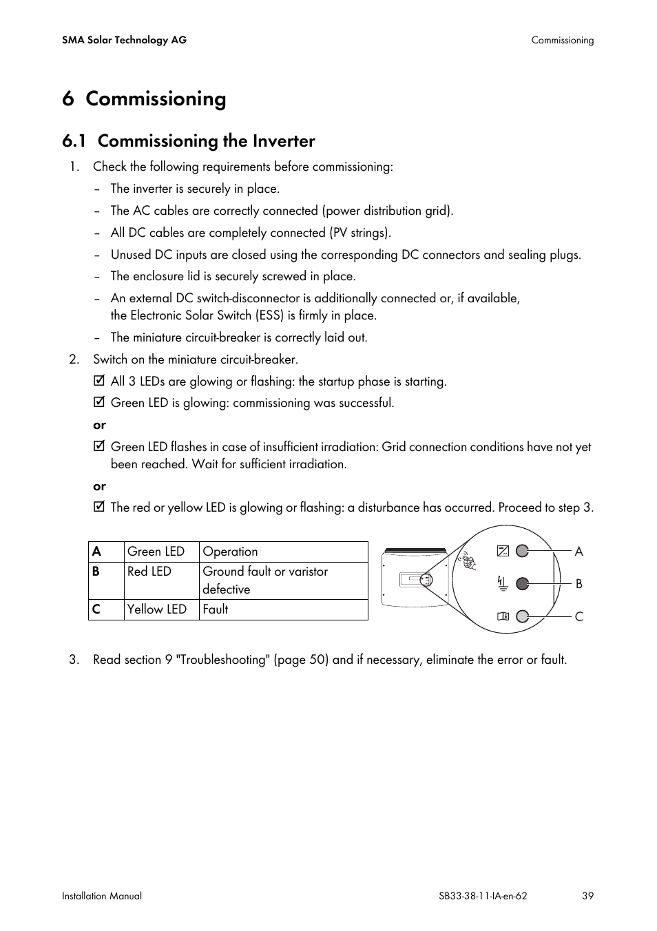 6 commissioning, 1 commissioning the inverter, Commissioning | Commissioning the inverter | SMA SB 3300-11 Installation User Manual | Page 39 / 76