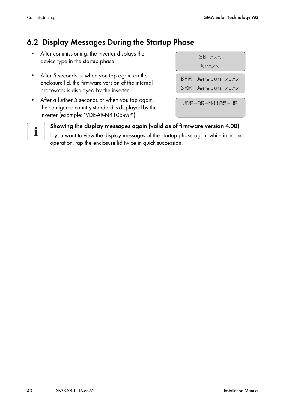 2 display messages during the startup phase, Display messages during the startup phase | SMA SB 3300-11 Installation User Manual | Page 40 / 76