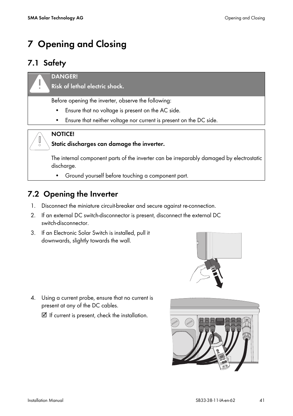 7 opening and closing, 1 safety, 2 opening the inverter | Opening and closing, Safety, Opening the inverter, 1 safety 7.2 opening the inverter | SMA SB 3300-11 Installation User Manual | Page 41 / 76