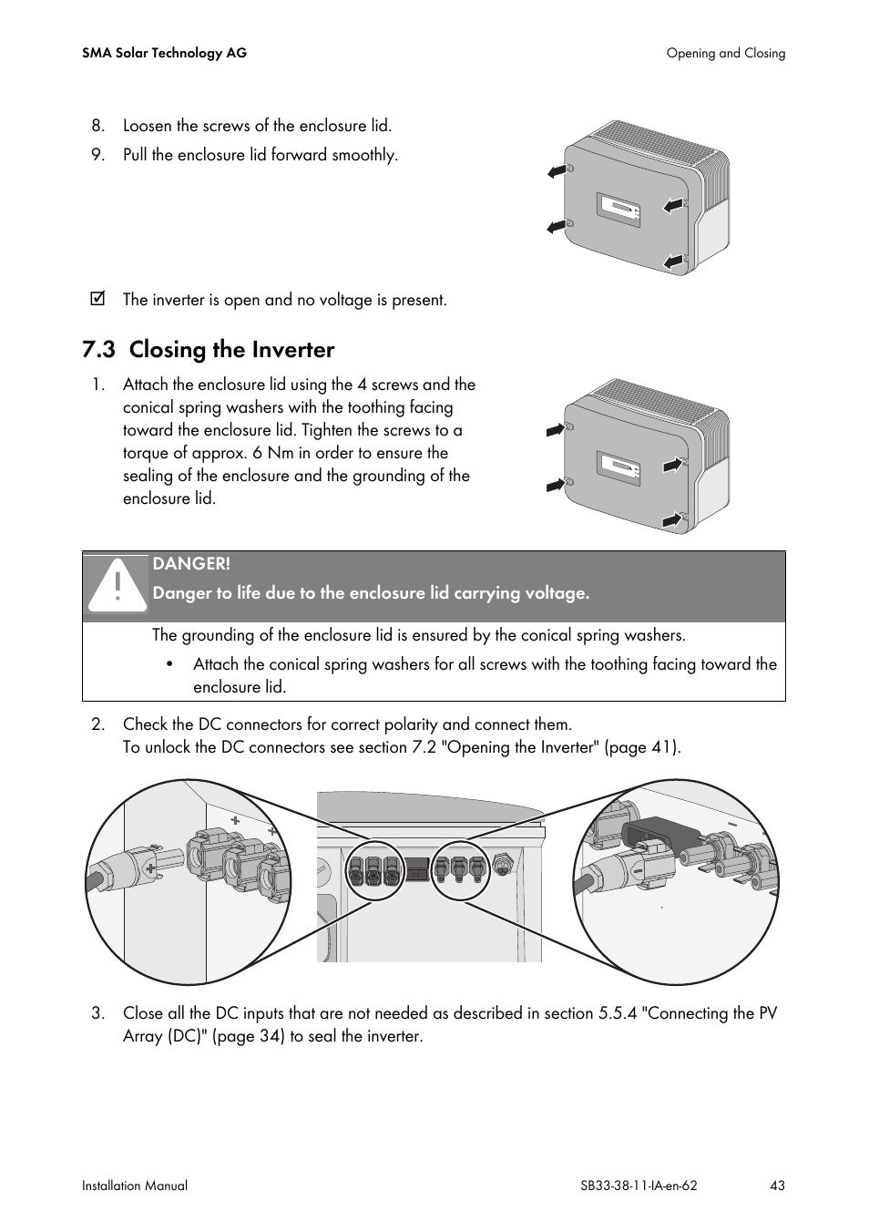 3 closing the inverter, Closing the inverter | SMA SB 3300-11 Installation User Manual | Page 43 / 76