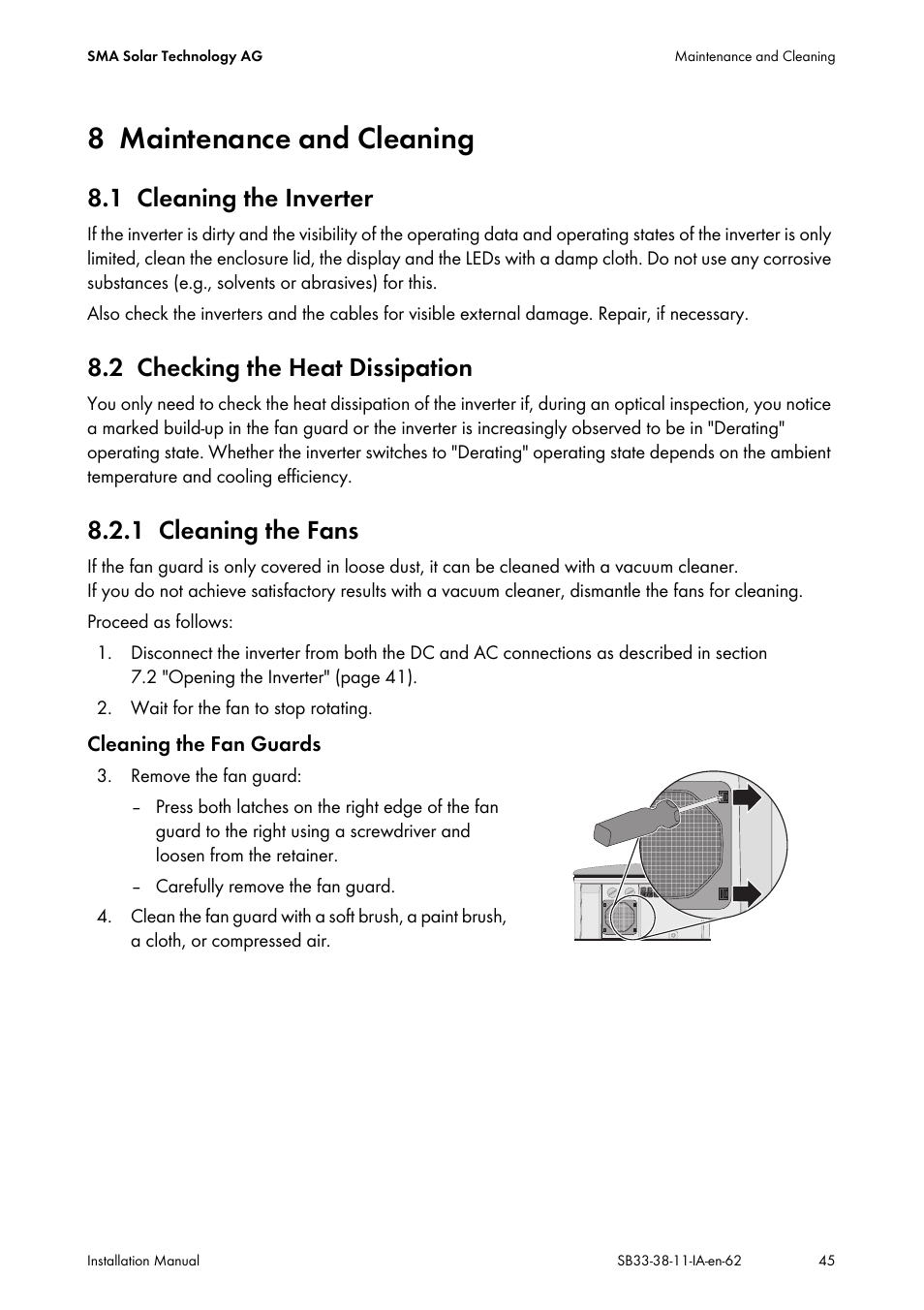 8 maintenance and cleaning, 1 cleaning the inverter, 2 checking the heat dissipation | 1 cleaning the fans, Maintenance and cleaning, Cleaning the inverter, Checking the heat dissipation, Cleaning the fans | SMA SB 3300-11 Installation User Manual | Page 45 / 76