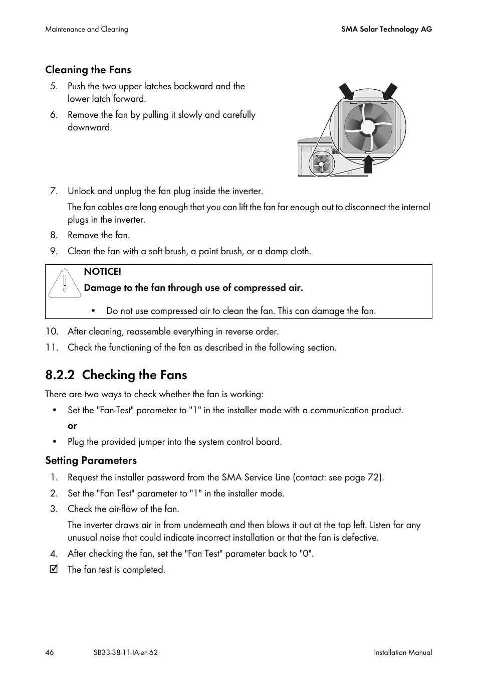 2 checking the fans, Checking the fans | SMA SB 3300-11 Installation User Manual | Page 46 / 76