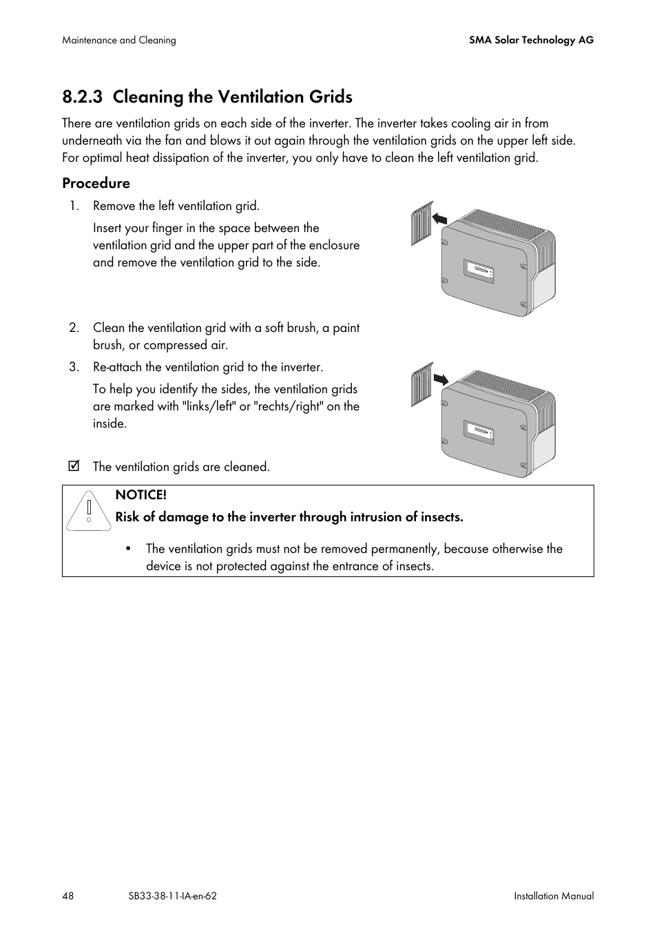 3 cleaning the ventilation grids, Cleaning the ventilation grids | SMA SB 3300-11 Installation User Manual | Page 48 / 76