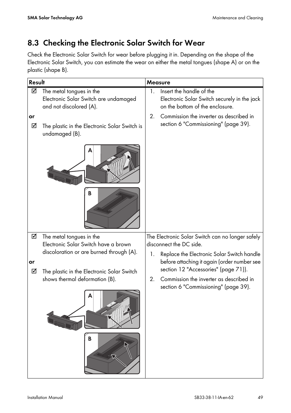 3 checking the electronic solar switch for wear, Checking the electronic solar switch for wear | SMA SB 3300-11 Installation User Manual | Page 49 / 76