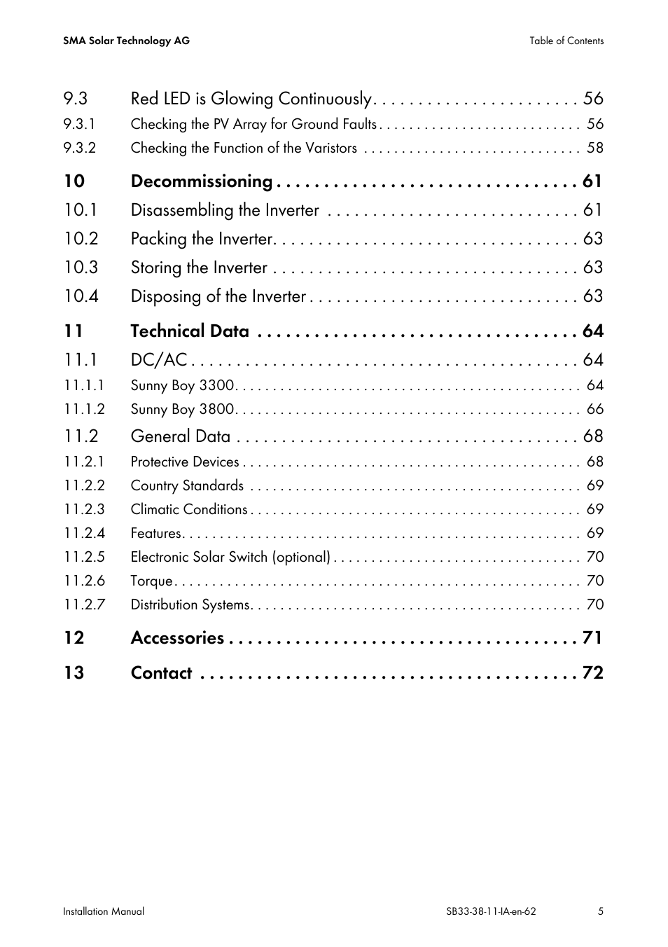 3 red led is glowing continuously, 2 general data, 12 accessories 13 contact | SMA SB 3300-11 Installation User Manual | Page 5 / 76