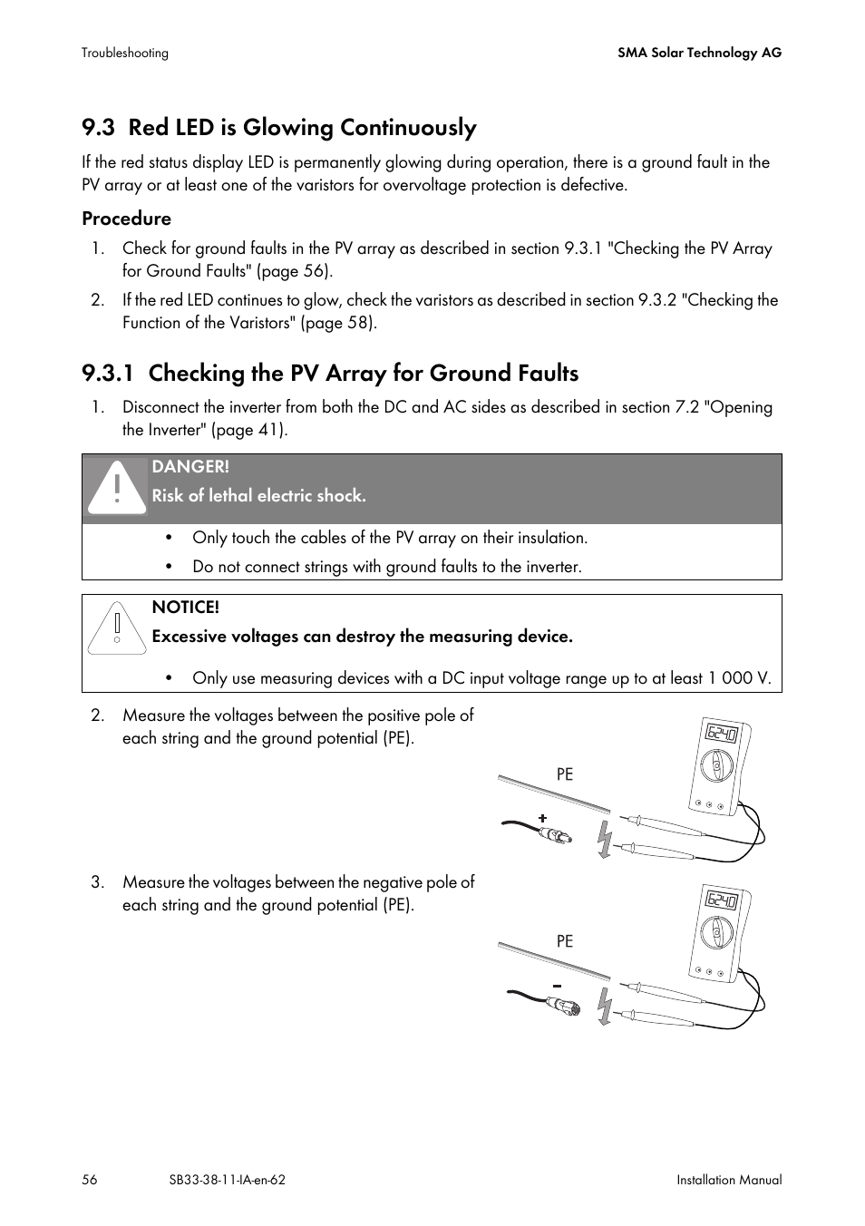 3 red led is glowing continuously, 1 checking the pv array for ground faults, Red led is glowing continuously | Checking the pv array for ground faults | SMA SB 3300-11 Installation User Manual | Page 56 / 76