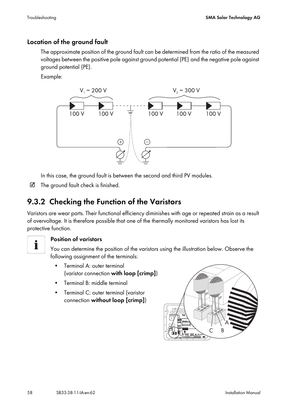 2 checking the function of the varistors, Checking the function of the varistors, On 9.3.2 "checking the | SMA SB 3300-11 Installation User Manual | Page 58 / 76