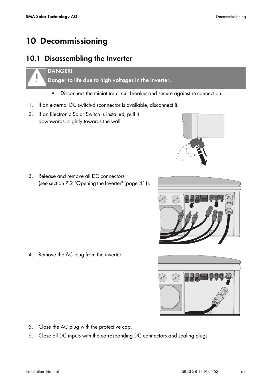 10 decommissioning, 1 disassembling the inverter, Decommissioning | Disassembling the inverter | SMA SB 3300-11 Installation User Manual | Page 61 / 76