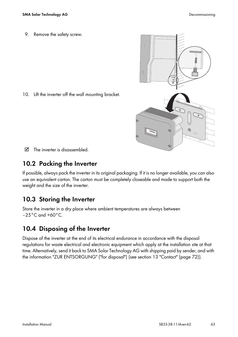 2 packing the inverter, 3 storing the inverter, 4 disposing of the inverter | Packing the inverter, Storing the inverter, Disposing of the inverter | SMA SB 3300-11 Installation User Manual | Page 63 / 76