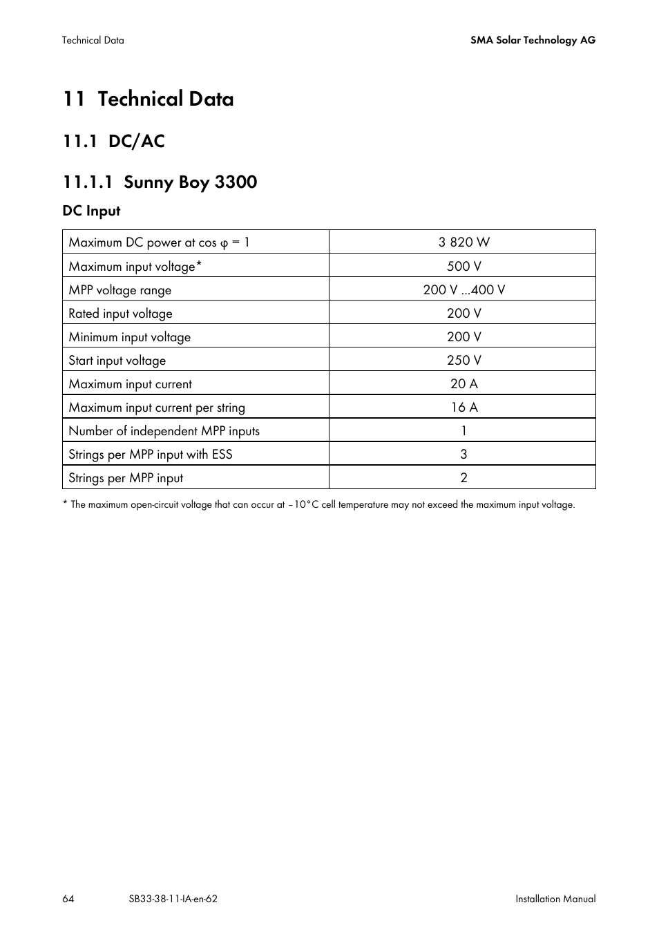 11 technical data, 1 dc/ac, 1 sunny boy 3300 | Technical data, Dc/ac, Sunny boy 3300 | SMA SB 3300-11 Installation User Manual | Page 64 / 76