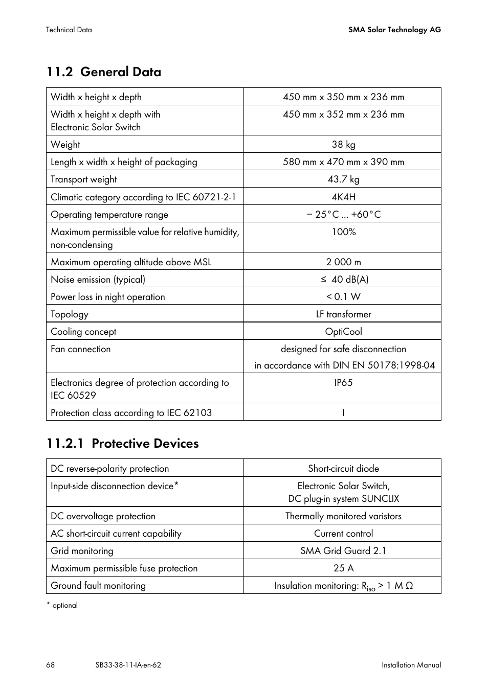 2 general data, 1 protective devices, General data | Protective devices | SMA SB 3300-11 Installation User Manual | Page 68 / 76