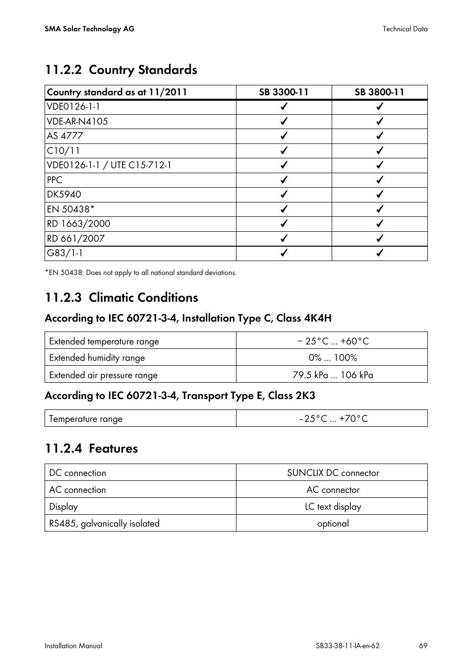 2 country standards, 3 climatic conditions, 4 features | Country standards, Climatic conditions, Features | SMA SB 3300-11 Installation User Manual | Page 69 / 76