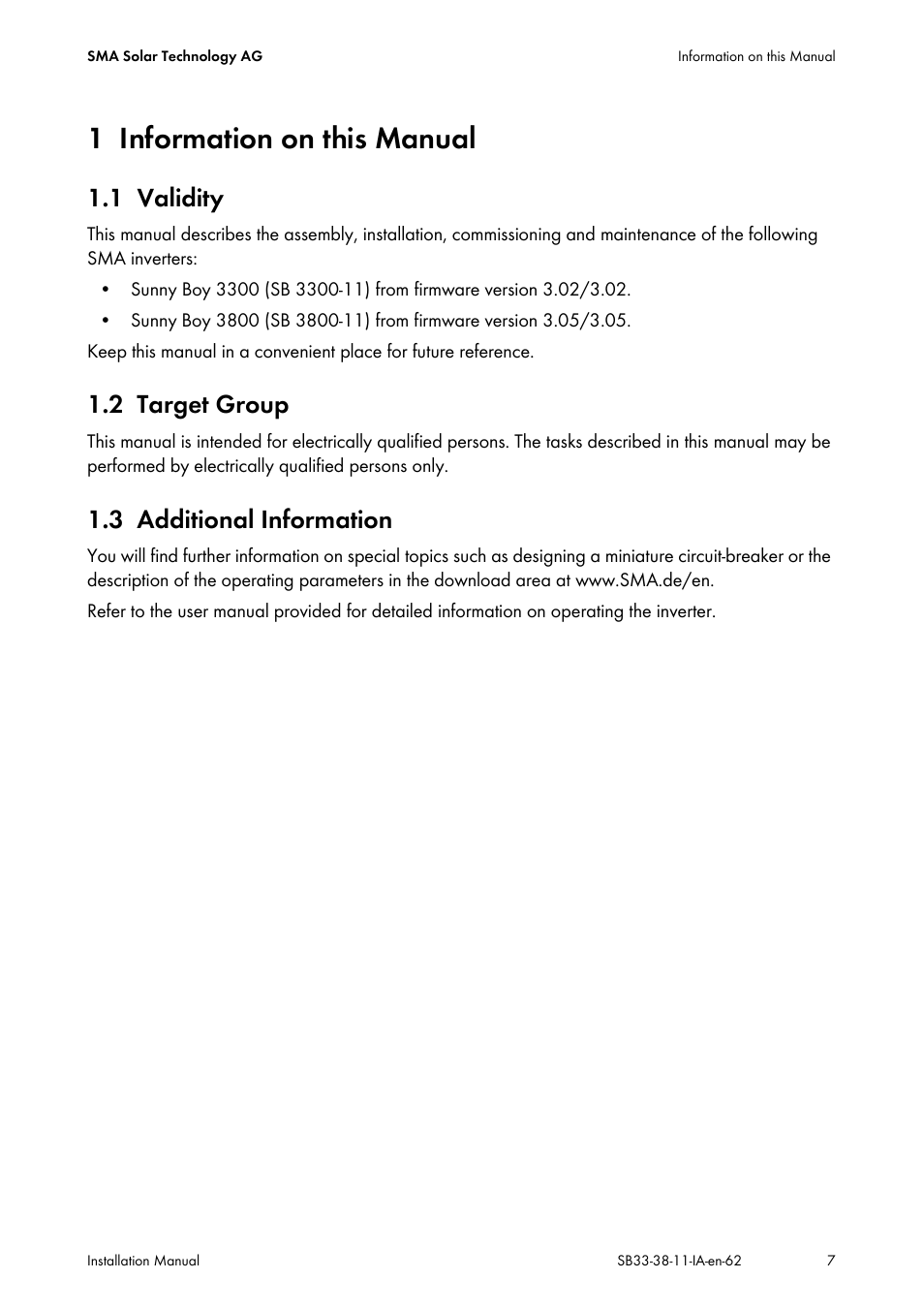 1 information on this manual, 1 validity, 2 target group | 3 additional information, Information on this manual, Validity, Target group, Additional information | SMA SB 3300-11 Installation User Manual | Page 7 / 76