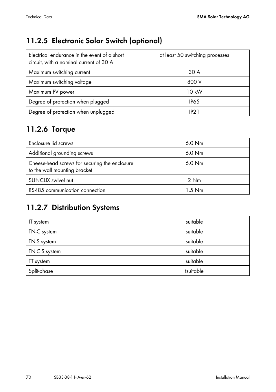 5 electronic solar switch (optional), 6 torque, 7 distribution systems | Electronic solar switch (optional), Torque, Distribution systems | SMA SB 3300-11 Installation User Manual | Page 70 / 76