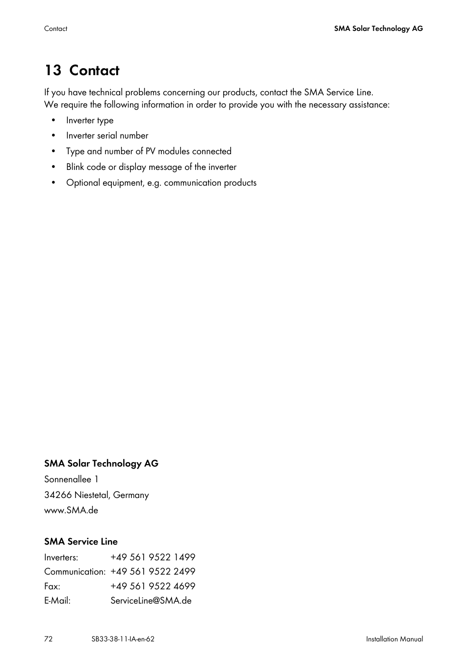 13 contact, Contact | SMA SB 3300-11 Installation User Manual | Page 72 / 76