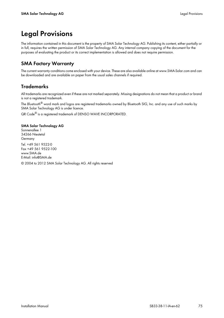 Legal provisions, Sma factory warranty, Trademarks | SMA SB 3300-11 Installation User Manual | Page 75 / 76