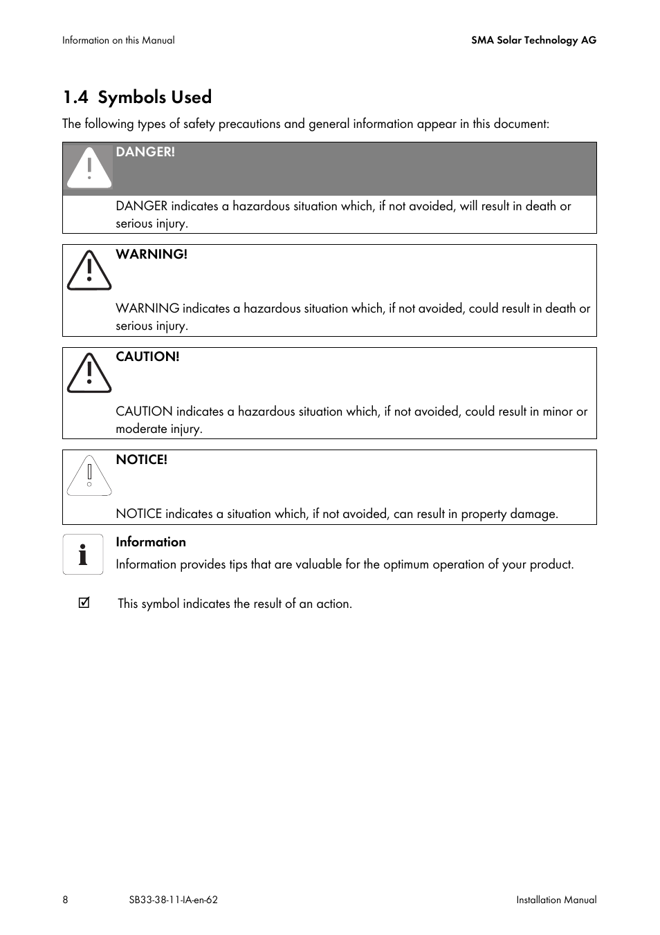 4 symbols used, Symbols used | SMA SB 3300-11 Installation User Manual | Page 8 / 76