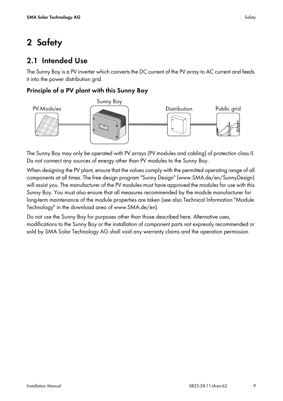 2 safety, 1 intended use, Safety | Intended use | SMA SB 3300-11 Installation User Manual | Page 9 / 76