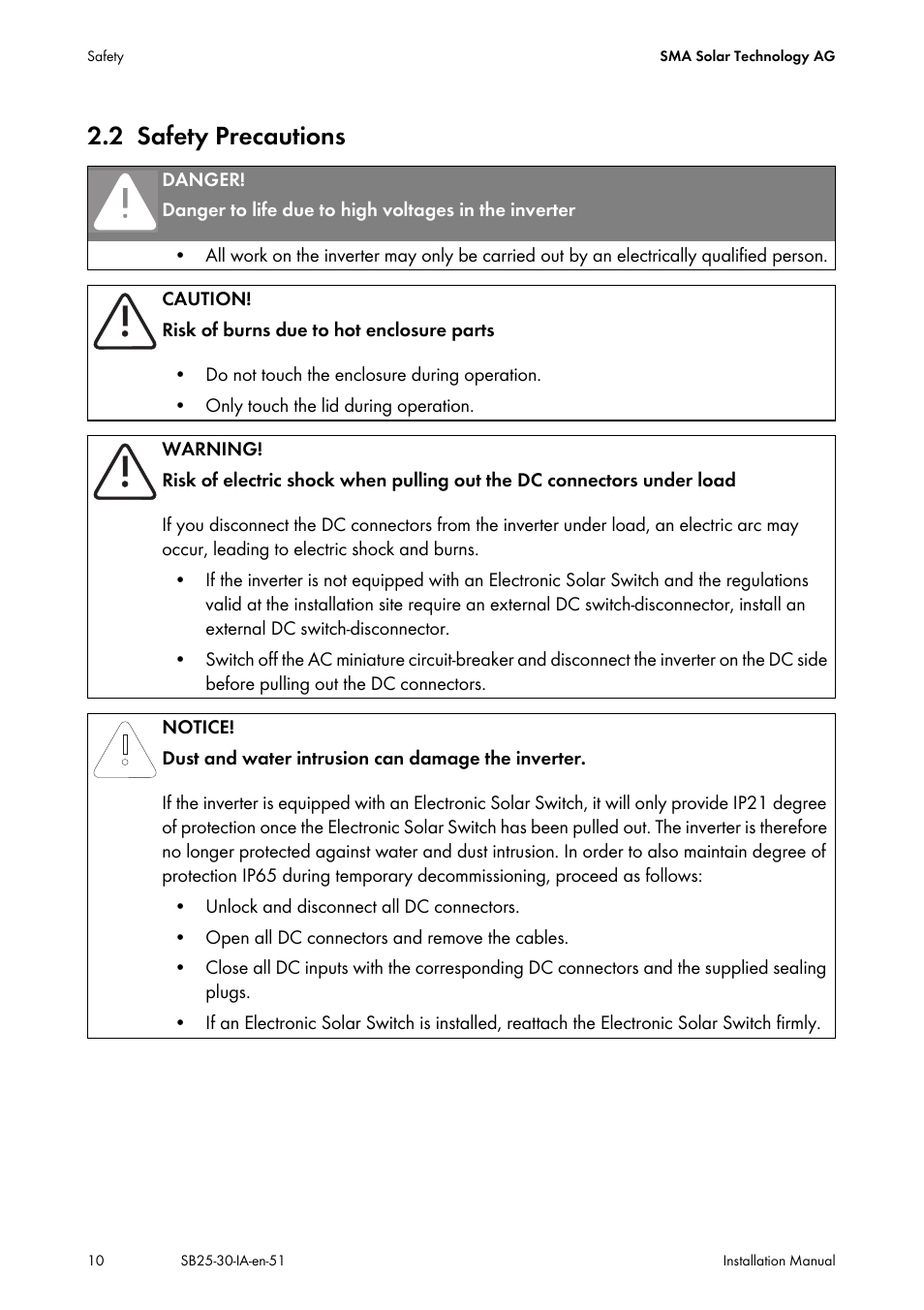 2 safety precautions, Safety precautions | SMA SB 2500 Installation User Manual | Page 10 / 76