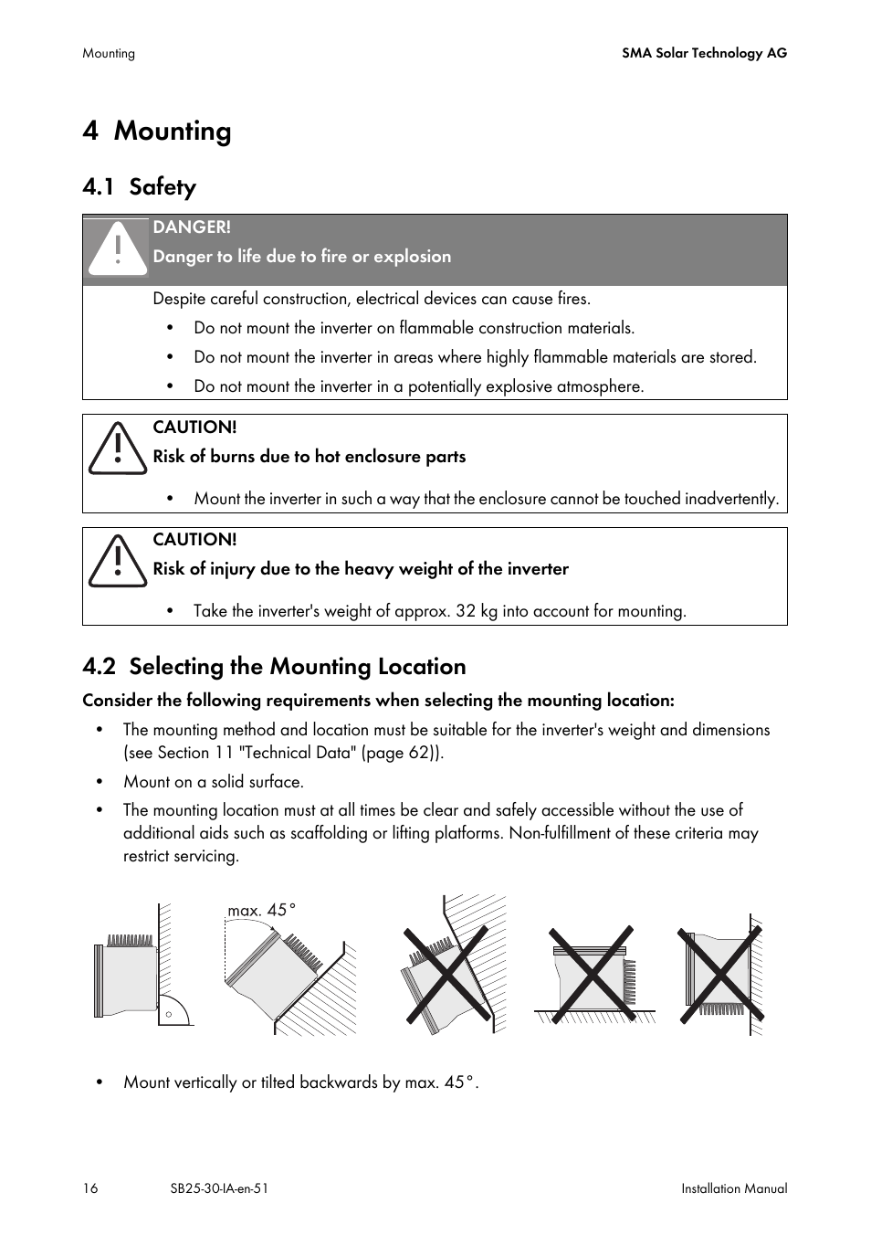 4 mounting, 1 safety, 2 selecting the mounting location | Mounting, Safety, Selecting the mounting location, 1 safety 4.2 selecting the mounting location | SMA SB 2500 Installation User Manual | Page 16 / 76