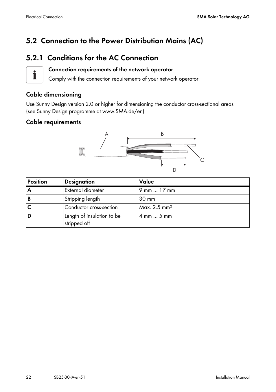 2 connection to the power distribution mains (ac), 1 conditions for the ac connection, Connection to the power distribution mains (ac) | Conditions for the ac connection | SMA SB 2500 Installation User Manual | Page 22 / 76