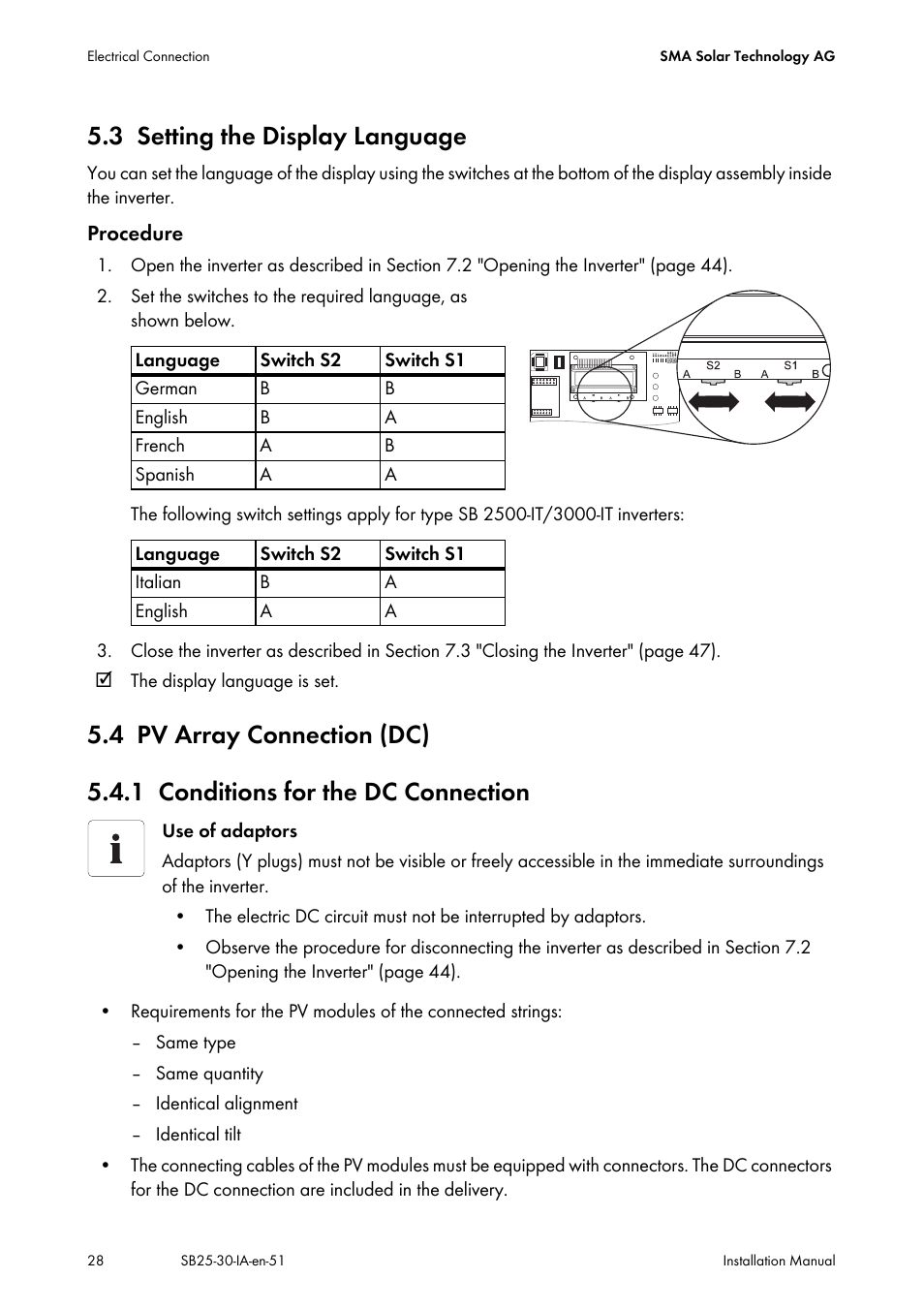 3 setting the display language, 4 pv array connection (dc), 1 conditions for the dc connection | Setting the display language, Pv array connection (dc), Conditions for the dc connection | SMA SB 2500 Installation User Manual | Page 28 / 76