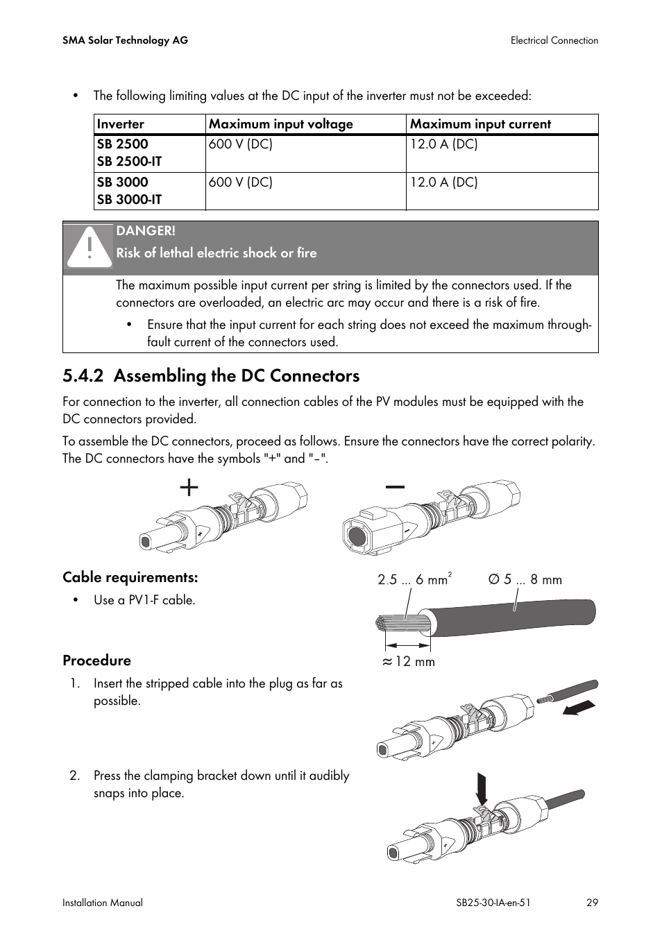 2 assembling the dc connectors, Assembling the dc connectors | SMA SB 2500 Installation User Manual | Page 29 / 76