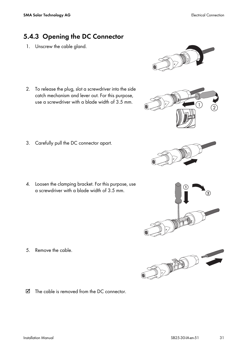 3 opening the dc connector, Opening the dc connector | SMA SB 2500 Installation User Manual | Page 31 / 76