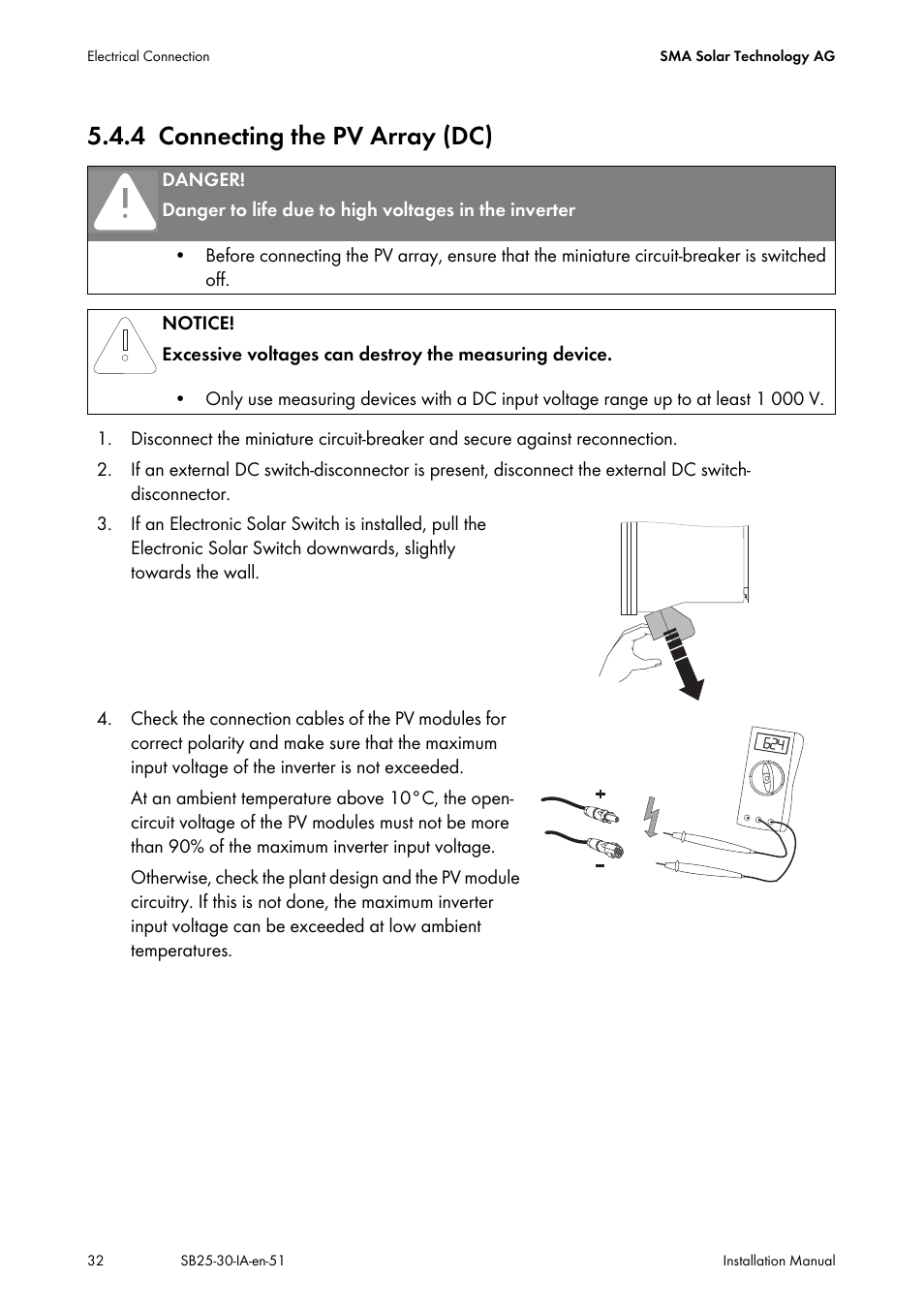 4 connecting the pv array (dc), Connecting the pv array (dc) | SMA SB 2500 Installation User Manual | Page 32 / 76