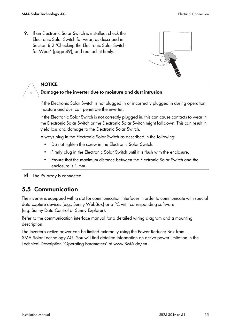 5 communication, Communication | SMA SB 2500 Installation User Manual | Page 35 / 76
