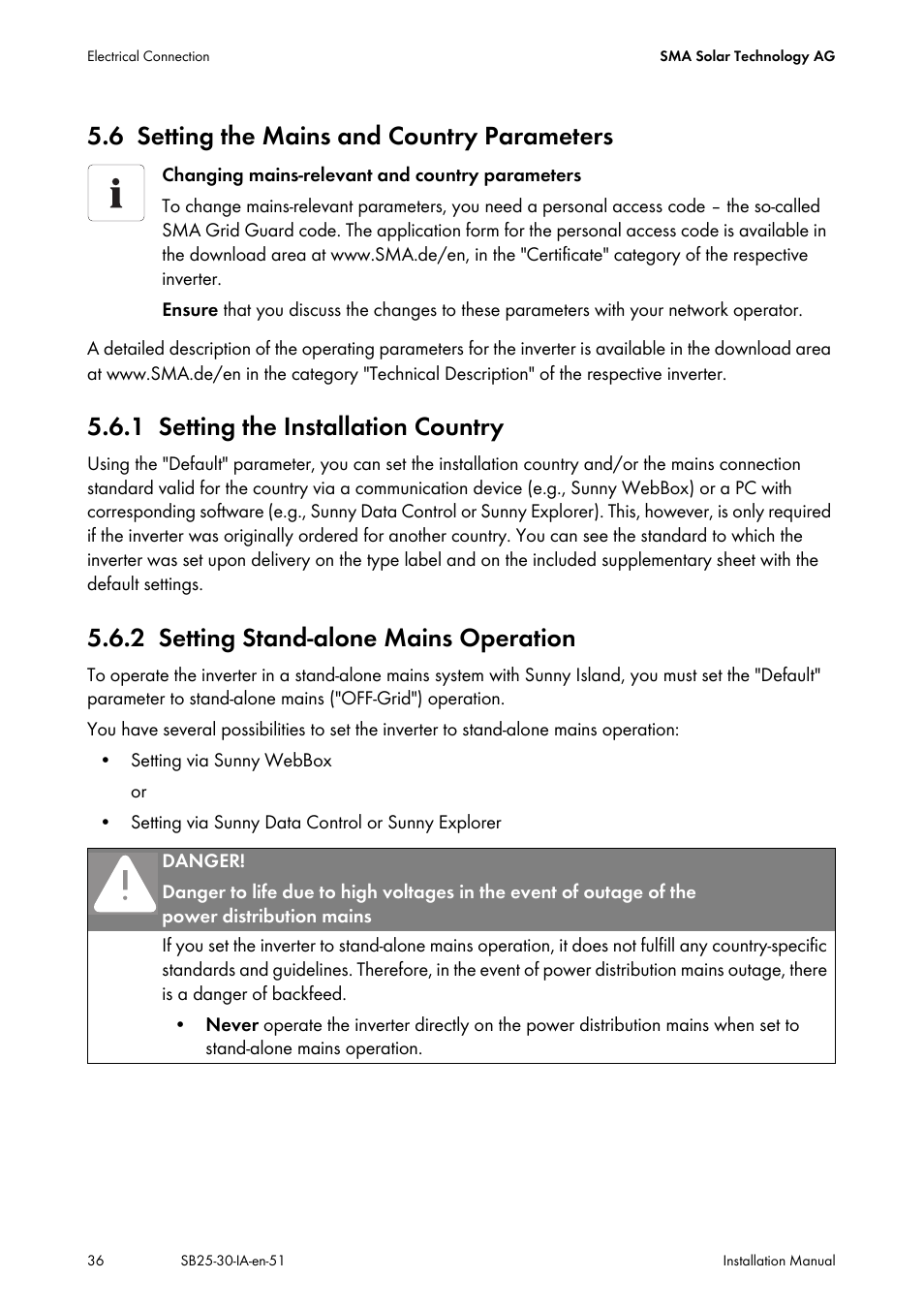6 setting the mains and country parameters, 1 setting the installation country, 2 setting stand-alone mains operation | Setting the mains and country parameters, Setting the installation country, Setting stand-alone mains operation | SMA SB 2500 Installation User Manual | Page 36 / 76