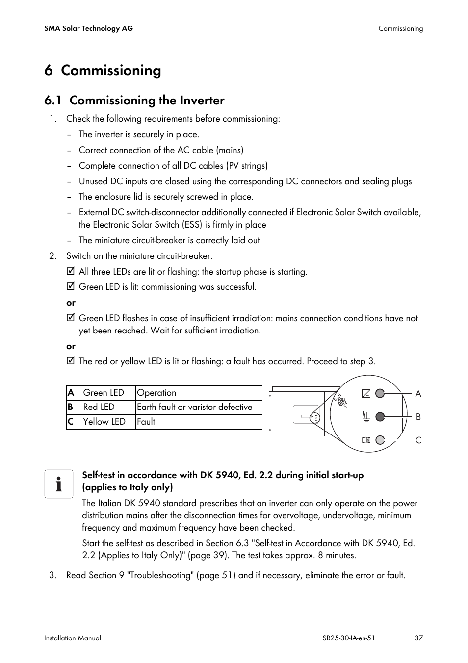 6 commissioning, 1 commissioning the inverter, Commissioning | Commissioning the inverter | SMA SB 2500 Installation User Manual | Page 37 / 76