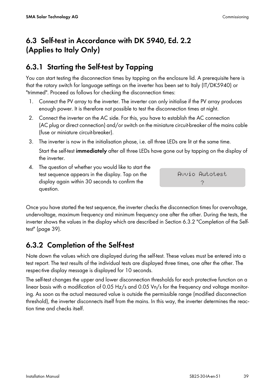 1 starting the self-test by tapping, 2 completion of the self-test, Self-test in accordance with dk 5940, ed. 2.2 | Applies to italy only), Starting the self-test by tapping, Completion of the self-test | SMA SB 2500 Installation User Manual | Page 39 / 76