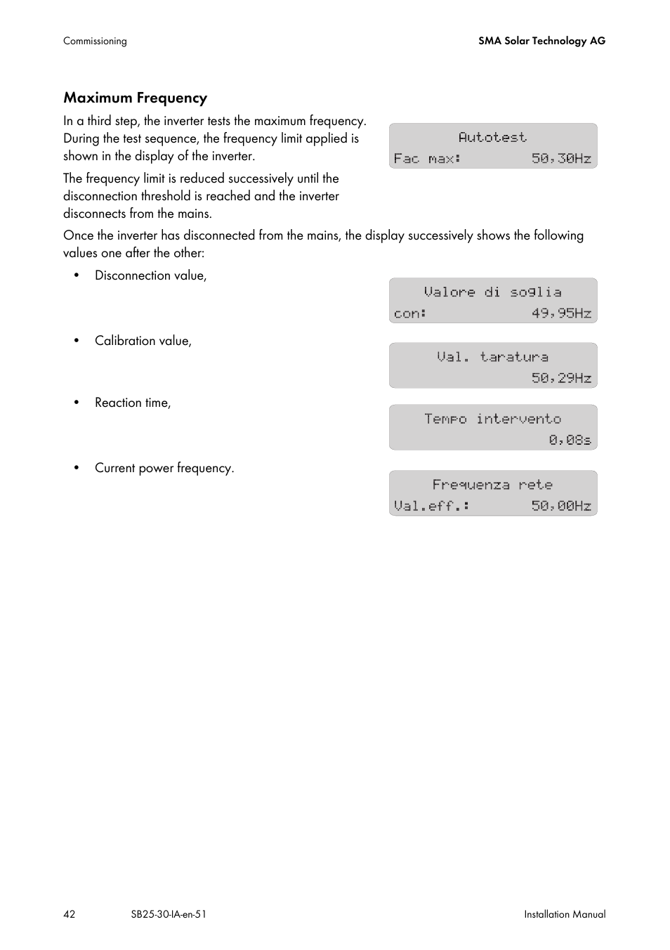 Maximum frequency | SMA SB 2500 Installation User Manual | Page 42 / 76