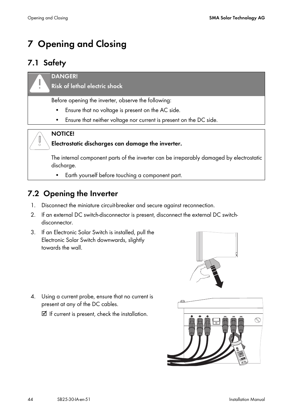 7 opening and closing, 1 safety, 2 opening the inverter | Opening and closing, Safety, Opening the inverter, Ection 7.2, 1 safety 7.2 opening the inverter | SMA SB 2500 Installation User Manual | Page 44 / 76