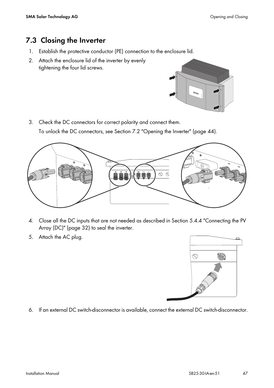 3 closing the inverter, Closing the inverter | SMA SB 2500 Installation User Manual | Page 47 / 76