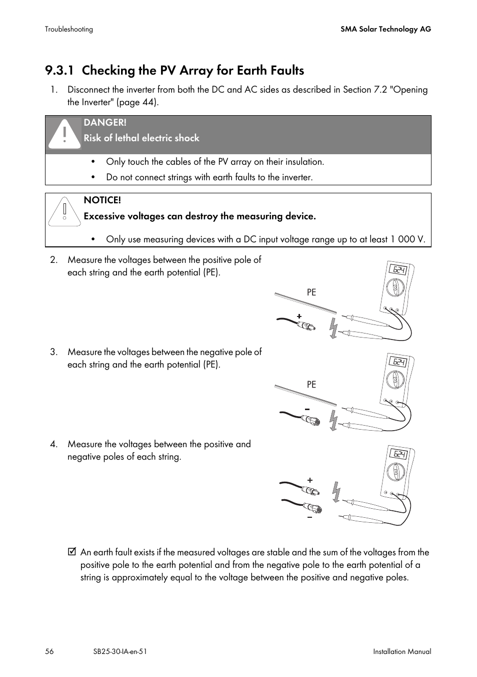 1 checking the pv array for earth faults, Checking the pv array for earth faults, N 9.3.1 "checking the pv array for | SMA SB 2500 Installation User Manual | Page 56 / 76