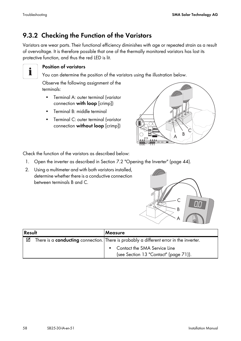 2 checking the function of the varistors, Checking the function of the varistors, 2 "checking the | SMA SB 2500 Installation User Manual | Page 58 / 76