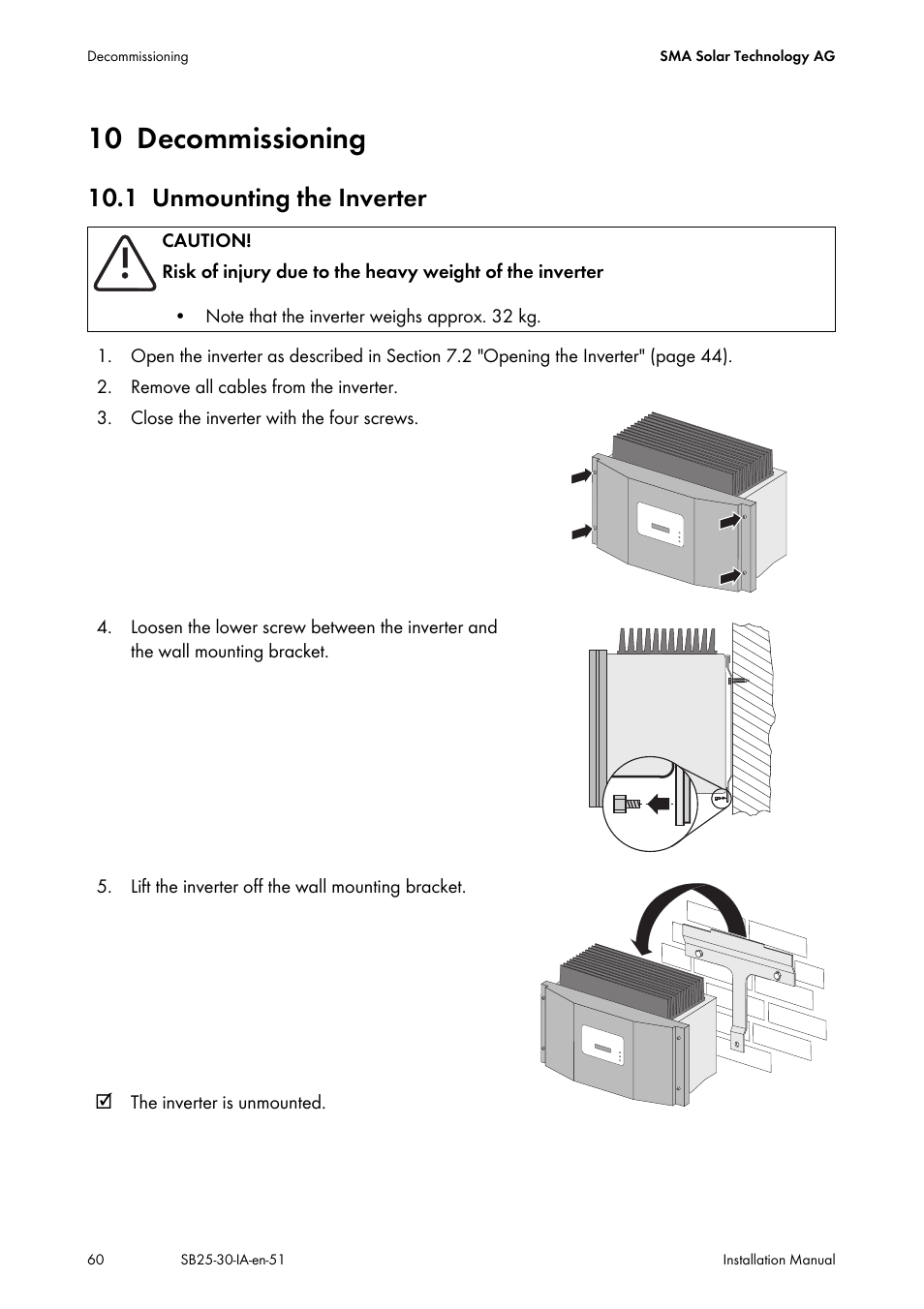10 decommissioning, 1 unmounting the inverter, Decommissioning | Unmounting the inverter | SMA SB 2500 Installation User Manual | Page 60 / 76