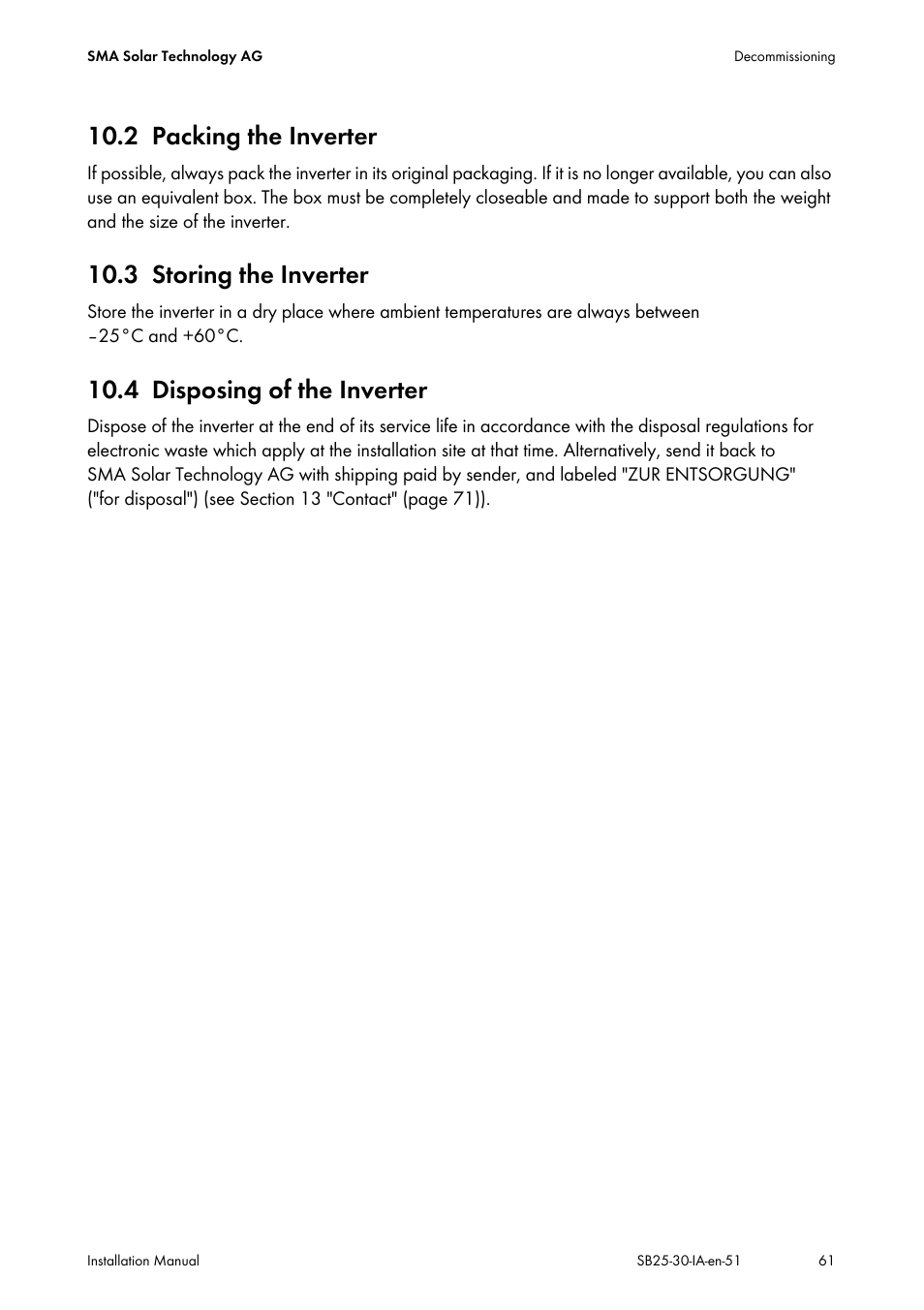 2 packing the inverter, 3 storing the inverter, 4 disposing of the inverter | Packing the inverter, Storing the inverter, Disposing of the inverter | SMA SB 2500 Installation User Manual | Page 61 / 76