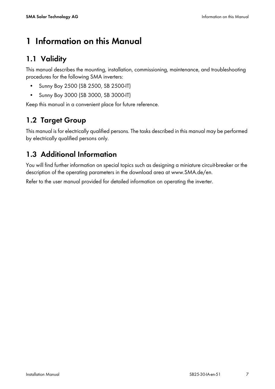1 information on this manual, 1 validity, 2 target group | 3 additional information, Information on this manual, Validity, Target group, Additional information | SMA SB 2500 Installation User Manual | Page 7 / 76