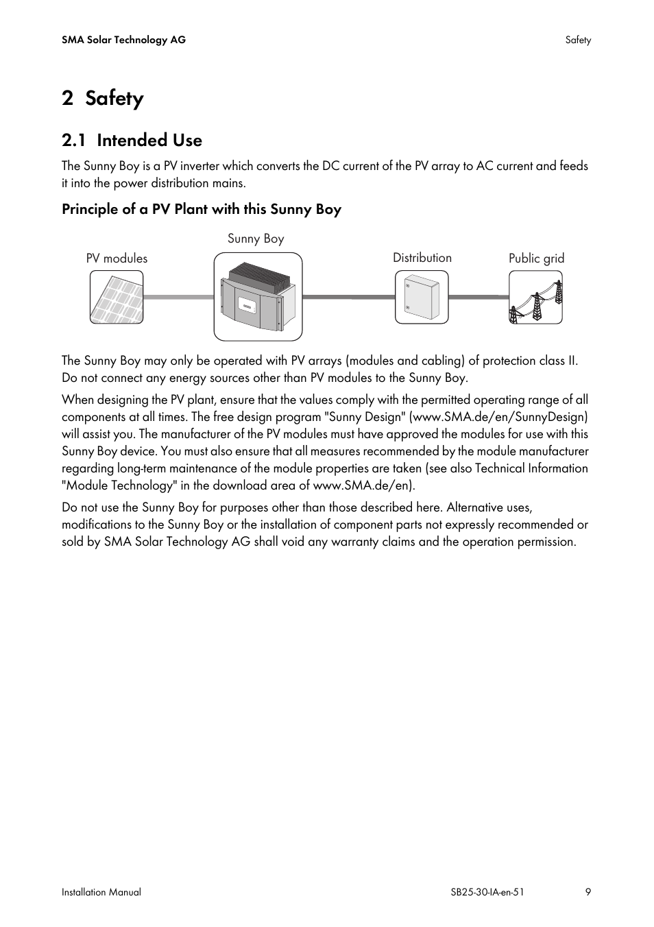 2 safety, 1 intended use, Safety | Intended use | SMA SB 2500 Installation User Manual | Page 9 / 76