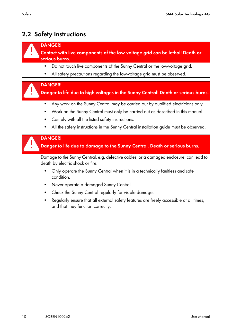 2 safety instructions, Safety instructions | SMA SC 200 User Manual | Page 10 / 96