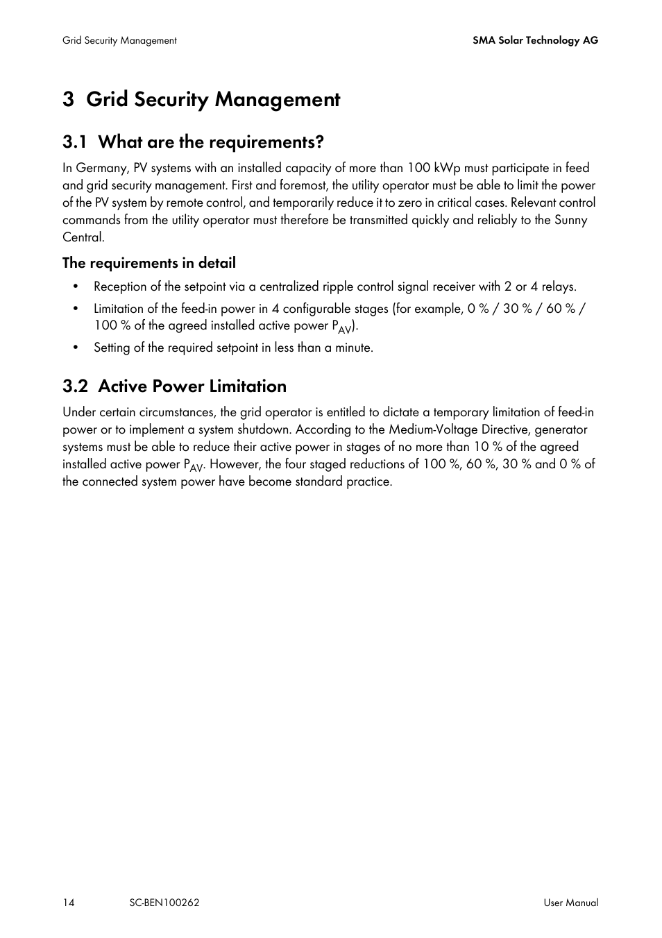 3 grid security management, 1 what are the requirements, 2 active power limitation | Grid security management, What are the requirements, Active power limitation | SMA SC 200 User Manual | Page 14 / 96