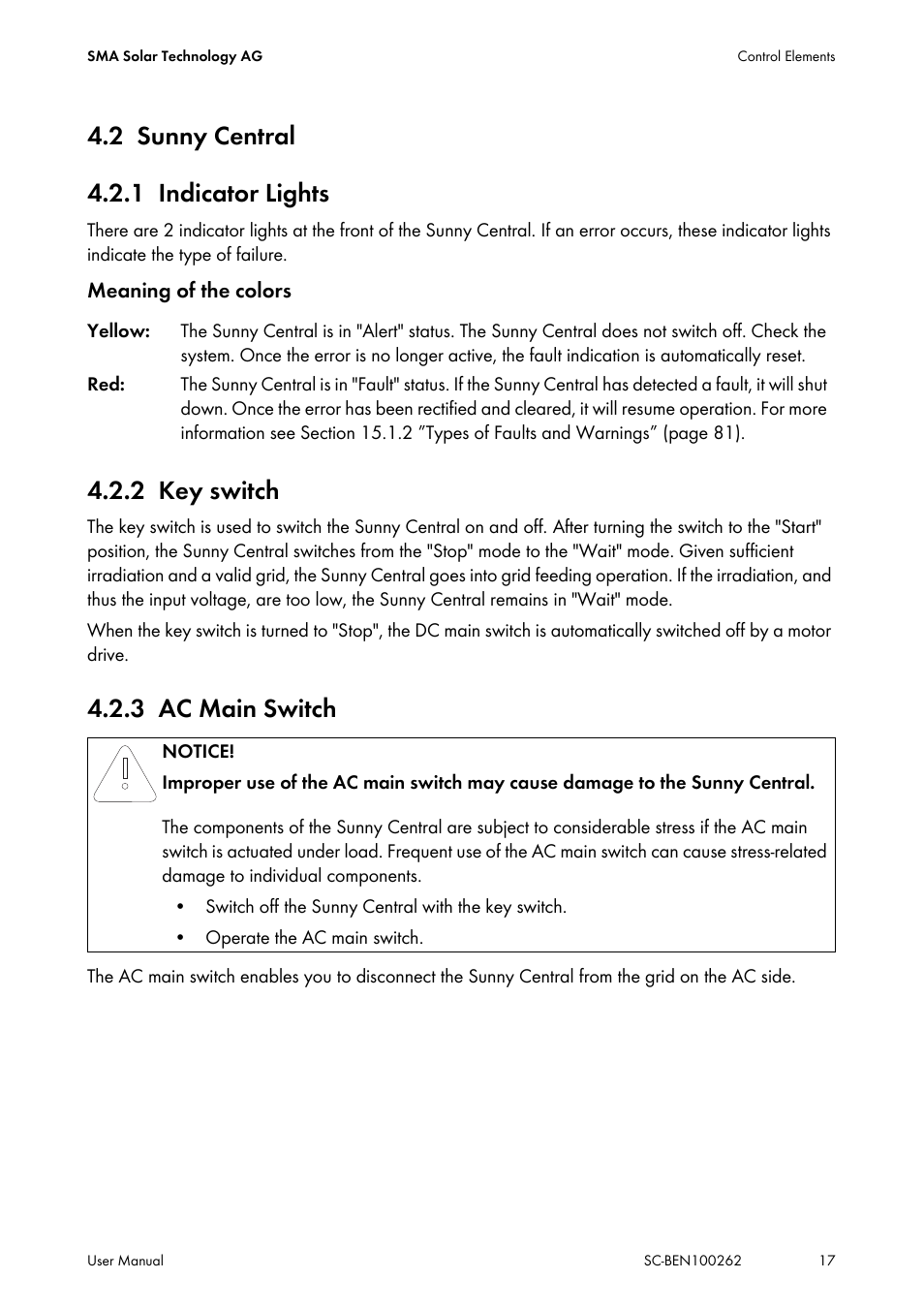 2 sunny central, 1 indicator lights, 2 key switch | 3 ac main switch, Sunny central, Indicator lights, Key switch, Ac main switch, 2 sunny central 4.2.1 indicator lights | SMA SC 200 User Manual | Page 17 / 96